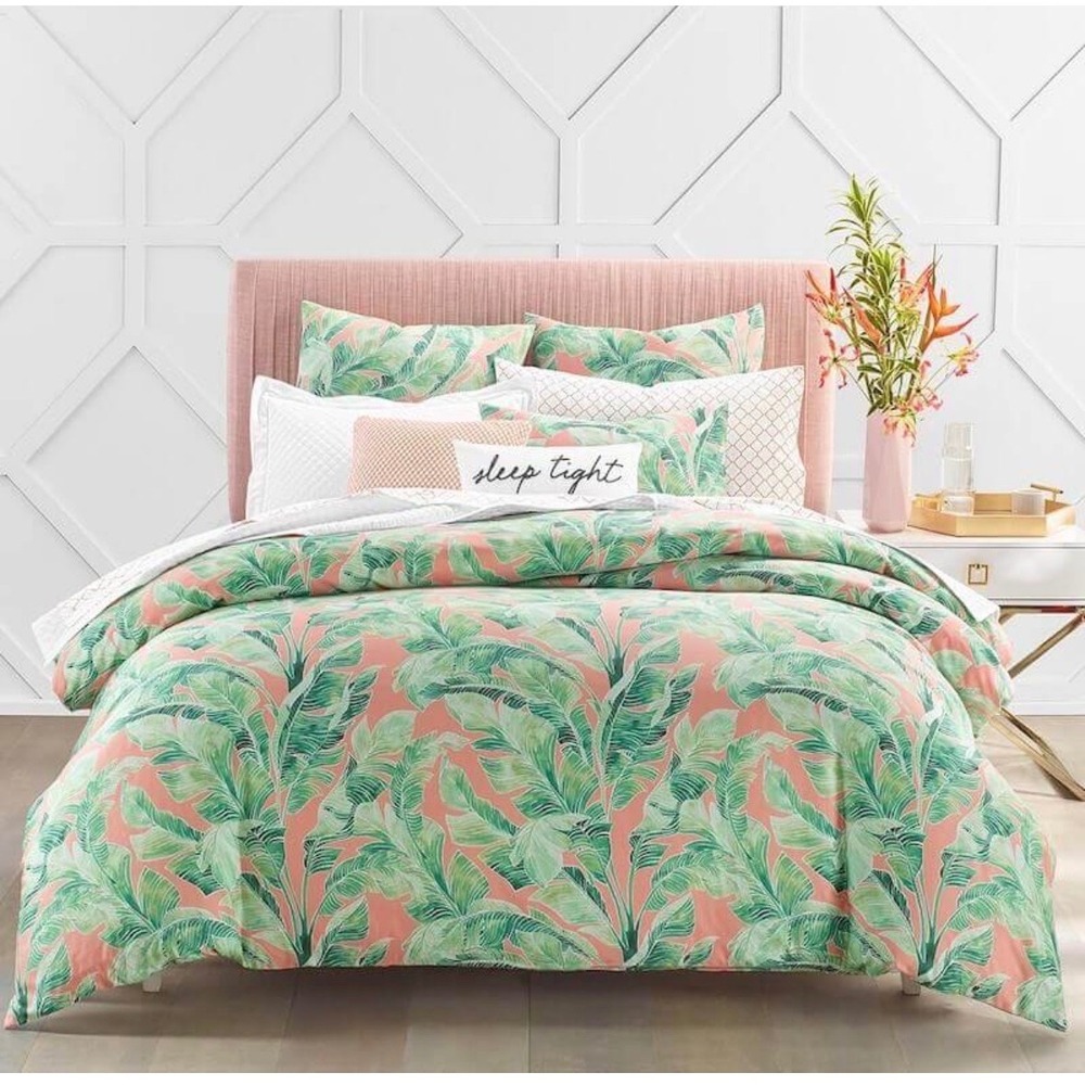 Charter Club Pillowcase Pair King Pink Green Tropical Banana Leaf Damask Designs